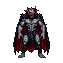 A muscular, grey-toned vampire monster with sharp fangs, piercing red eyes, and pointed ears, wearing a flowing crimson and black cape and dark, tattered armor. Its hands are poised with sharp claws.