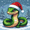 An emerald-scaled snake wearing a Santa hat, coiled in a snowy landscape with falling snowflakes and pine trees.