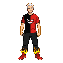 A figure with white hair, piercing blue eyes, and a wide grin wears a split red and black t-shirt with a cartoon face. His black pants have flame details, and his red Jordan shoes have pixelated flames. A fragmented yellow top hat floats above his head.