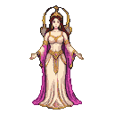 A goddess with long dark hair, wide eyes, and a knowing smile, wearing an ornate cream and gold gown with magenta drapery and a radiant golden headdress. Her arms are outstretched, palms facing outwards.