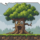 Ancient tree with a comically astonished face, rooted on a mossy stone wall, with a vibrant green canopy against a hazy forest background.