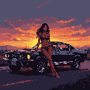Woman in dark bikini leaning against a retro black Mustang with a vibrant sunset sky.
