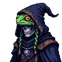 A necromancer with a green reptilian head and orange-ringed eye over a skeletal face with bared teeth, wearing a dark hooded robe with brown trim and two green braids.