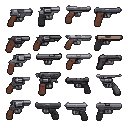 Collection of diverse pixel art pistols in a gritty, functional style.