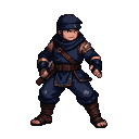 Fantasy ninja in dark blue attire, poised in a ready stance.