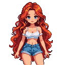 Young woman with curly auburn hair and light blue eyes, wearing a white crop top and denim shorts.