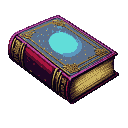 Closed mystical book with a deep crimson cover, golden filigree, and a luminous cyan orb at its center, surrounded by shimmering particles.