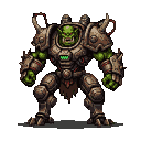 Hulking orc in a futuristic mech suit, baring teeth with glowing green eyes.
