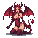 A succubus with fiery red hair, pointed ears, prominent horns, and a barbed tail, wearing a revealing crimson outfit, kneels in a seductive pose with large, bat-like demon wings spread behind her.