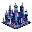 Isometric futuristic cityscape at night with towering skyscrapers featuring glowing neon signs and illuminated windows against a black background.