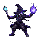 Cyberpunk witch with a wide-brimmed hat and dark coat, conjuring purple arcane energy with her right hand and holding a cyan energy orb staff in her left.
