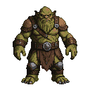 A green-skinned orc with a thick beard, wearing brown leather armor with metallic accents.