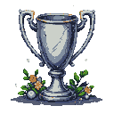 A gleaming silver trophy with pixelated green leaves and orange blossoms.