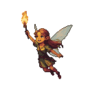 A joyful pixie with auburn hair and translucent wings holds a brightly burning torch aloft in the darkness.