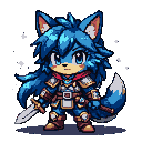 Anthropomorphic fox warrior with a blue mane, blue eyes, and crimson cloak, holding a sword and wearing detailed blue and brown armor with ornate pauldrons and segmented greaves.