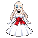 A young woman with long ivory hair, a blue streak in her bangs, and bright blue eyes smiles gently. She wears a strapless white gown with a red bow at the waist, white opera gloves, and a black butterfly choker.
