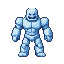 A powerful ice golem with pixelated muscles and a menacing, toothy grin.