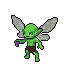 Green-skinned pixie with pointed ears and translucent grey wings, holding a small purple object defensively.