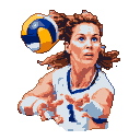 Brunette woman with blue eyes in a defensive volleyball stance, arms extended, focused on an incoming ball.
