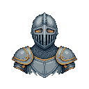 Stoic knight in weathered plate armor with orange pixelated eyes.