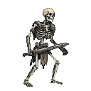 Skeletal warrior in a dynamic pose, one leg forward, grinning skull, tattered waistcloth.