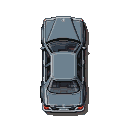 Top-down view of a slate-grey sedan with sharp, pixelated lines and visible dark interior.