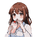 Young woman with brown hair and pink milkshake, mid-sip, with flushed cheeks.