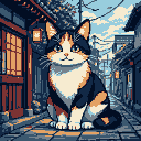 Calico cat with blue eyes and a gentle smile sits in a cobblestone alleyway with traditional Japanese buildings and glowing lanterns.