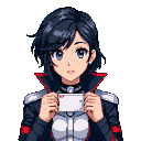 Anime character with short dark hair and blue eyes, wearing a dark jacket with red-lined collar and silver shoulder accents over a white top, holding a small white card.