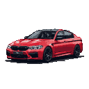 Vibrant red BMW M5 CS, three-quarter front view, against a black background.