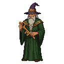 Venerable wizard in an emerald robe and purple hat, holding a golden key.