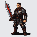 Grizzled mercenary, aged 30-40, with a short beard and stern expression, wearing dark segmented armor with leather straps. He holds a colossal sword with both hands, its blade etched with glowing red runes.