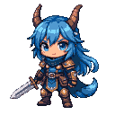 Chibi warrior with azure hair, blue eyes, golden-brown armor with blue accents, tattered cloak, curved horns, and a pixelated sword.