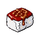 A rectangular sushi piece with white rice topped with glossy, deep red sauce with darker flecks.