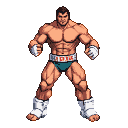 Muscular wrestler in teal briefs and white tape-wrapped hands, poised for action.