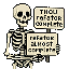 Grinning skeleton with visible ribs holds two signs: "THOU rotator COMPLETE" and "rotator ALMOST complete" against a black background.