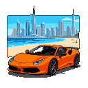 Orange Ferrari on a sandy beach with a blue ocean, cityscape, and clear sky.