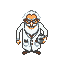 Mad scientist with wild white hair and beard, wearing thick glasses and a lab coat, holding a metallic beaker.