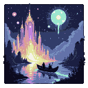 Silhouettes of two figures in a boat on tranquil water, silhouetted against a glowing, towering castle in vibrant yellow, pink, and purple hues. A luminous orb hangs in the indigo sky with distant stars.