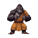 A powerfully built gorilla monk in a defensive stance, fists clenched at chest level, wearing flowing orange robes.