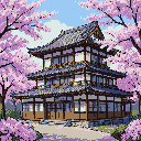 A traditional Japanese house with dark tiled roofs sits within a sakura forest with abundant pink blossoms.