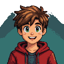 A young male character with bright green eyes and a wide, joyful grin, wearing a red hooded sweatshirt over a black t-shirt.