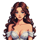 Auburn-haired woman with flowers in her hair and pearl earrings, wearing a flowing white off-the-shoulder gown.