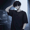 Young man with dark hair resting hand on head, looking down. Muted blue and gray urban background.