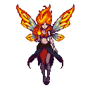 Fire pixie woman with fiery hair, translucent wings, and a glowing orb of fire in her outstretched hand. She wears a dark top and a layered crimson and purple skirt.