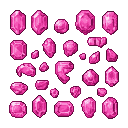 Collection of vibrant pink pixel art gemstones with varied cuts and internal shimmer against a black background.