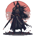Warrior in dark robes and intricate armor, gripping a long sword downwards. A large, fragmented red sun or moon glows behind him.