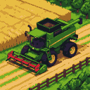 A green combine harvester with a red cutting header sits on a dirt path in a golden field, ready for harvest.