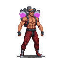 Muscular fighter with bare chest and red pants, wearing a backpack with two large pink slime bottles and connecting pipes to a headpiece.
