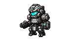 Compact, heavily armored mech with a glowing cyan visor and red optical sensors. A weapon is integrated into its left arm.